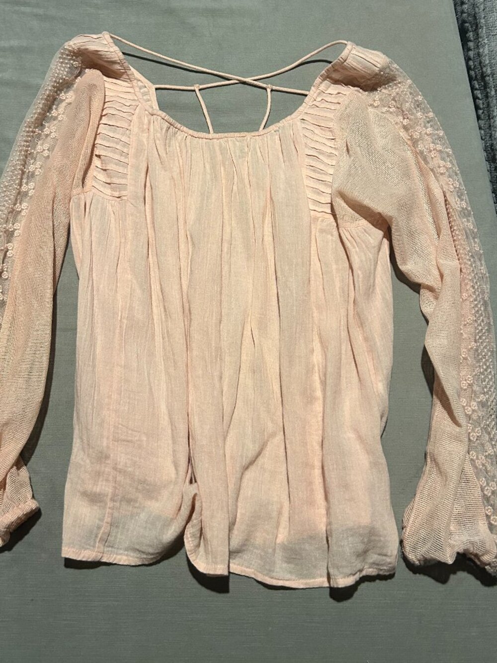 LUCKY BRAND Lace Sleeve Cross Back Peasant Blouse Size Small